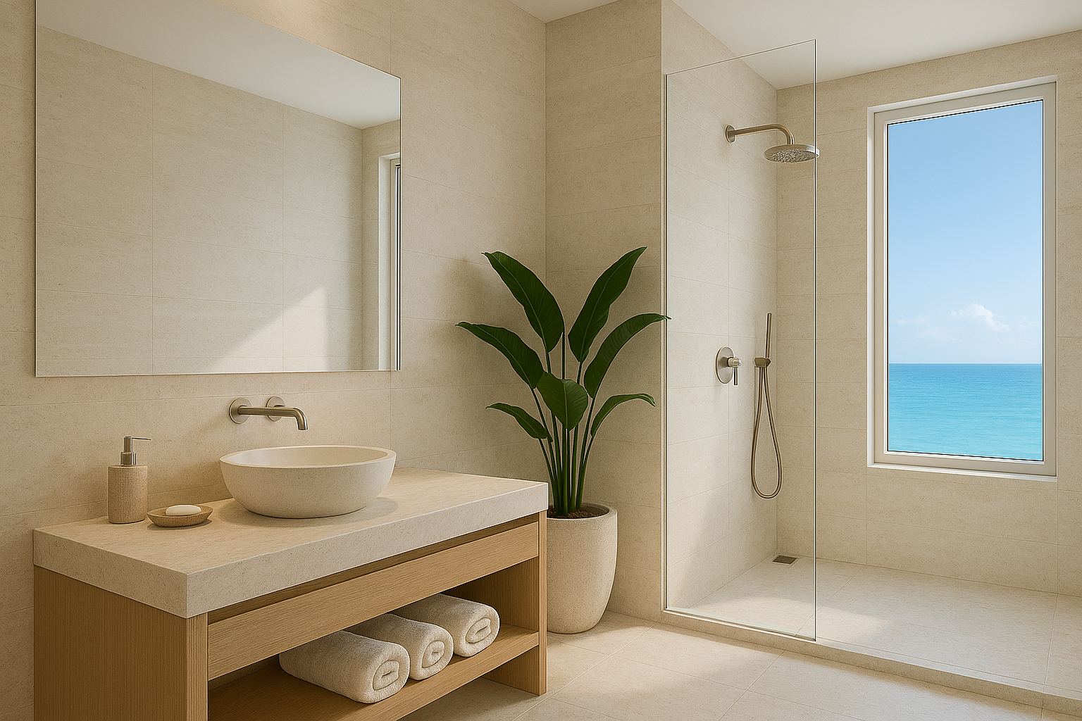 Spa-inspired bathroom with bathtub, soft lighting and neutral tones