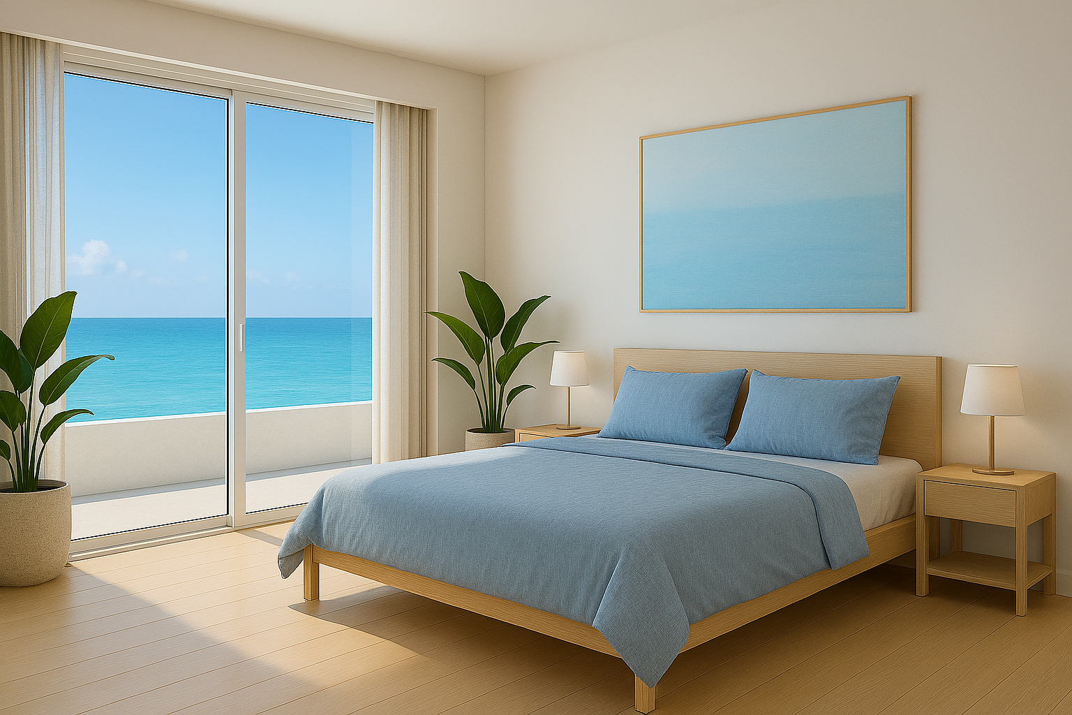 Serene master bedroom with soft blue bedding and wooden furniture