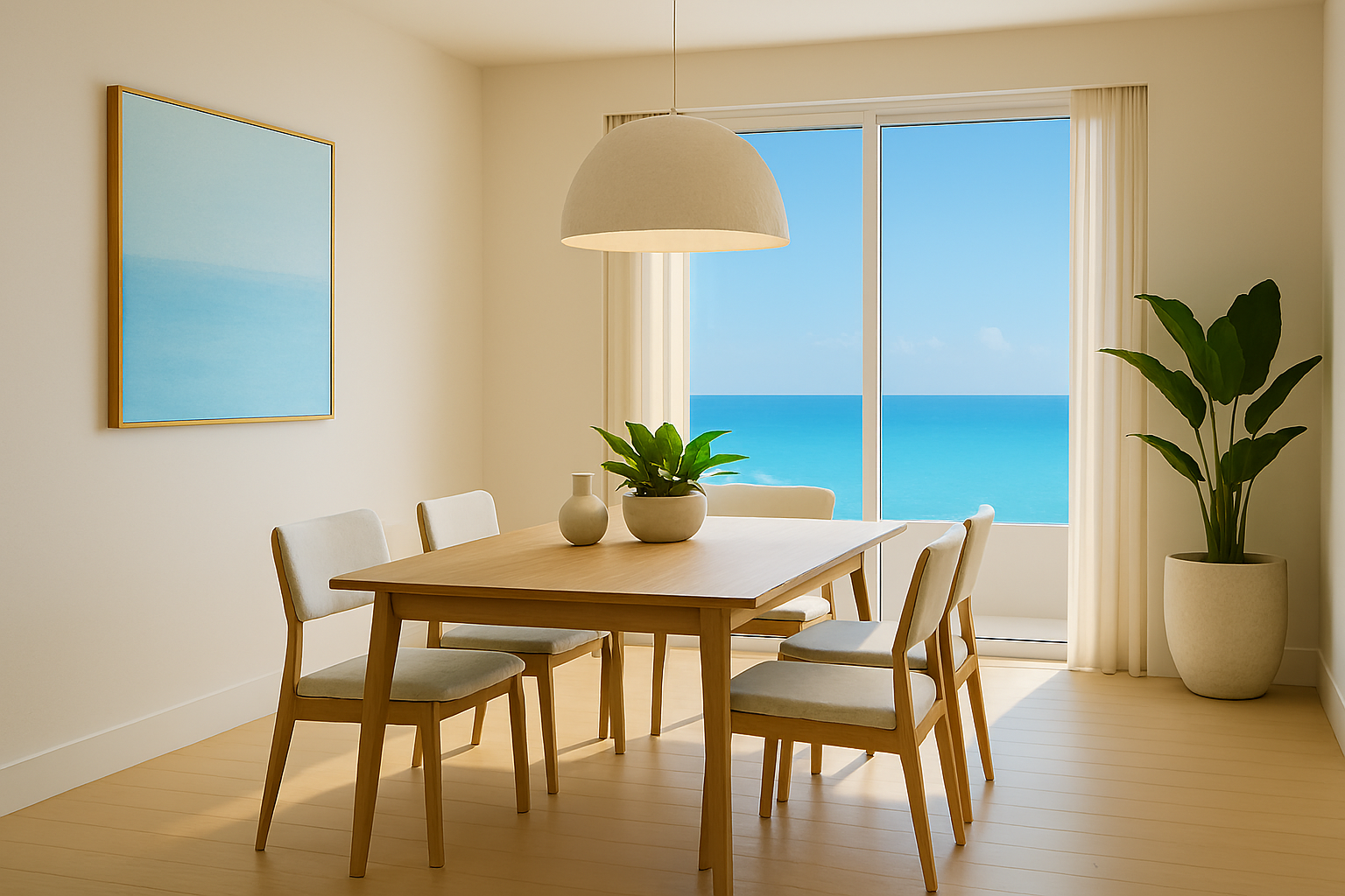 Cozy dining area with wooden table and ocean-facing window