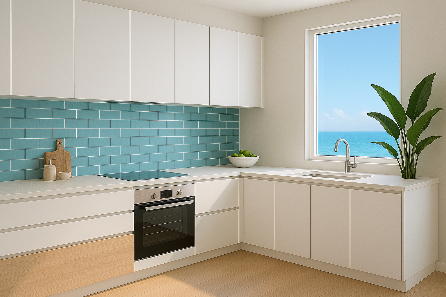 Modern minimalist kitchen with white cabinets and built-in appliances