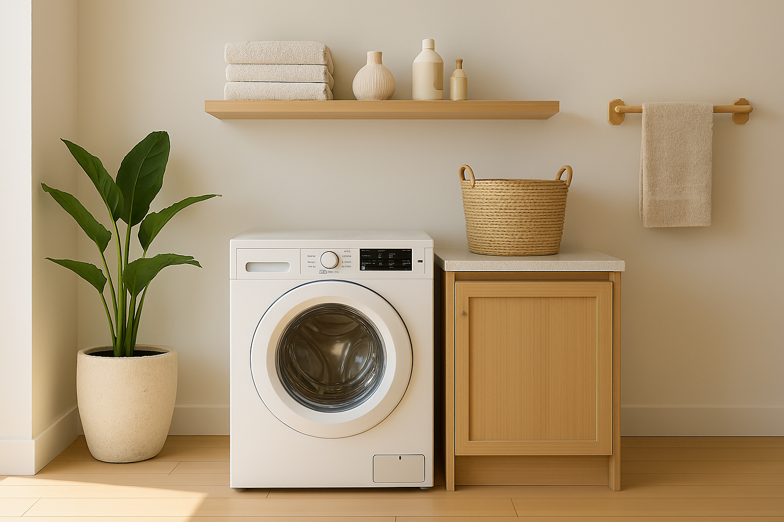 Modern laundry room with washing machine and storage cabinets