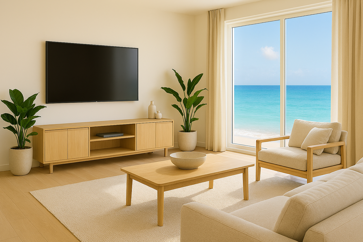 Bright lounge with blue sofa, large windows and natural sunlight