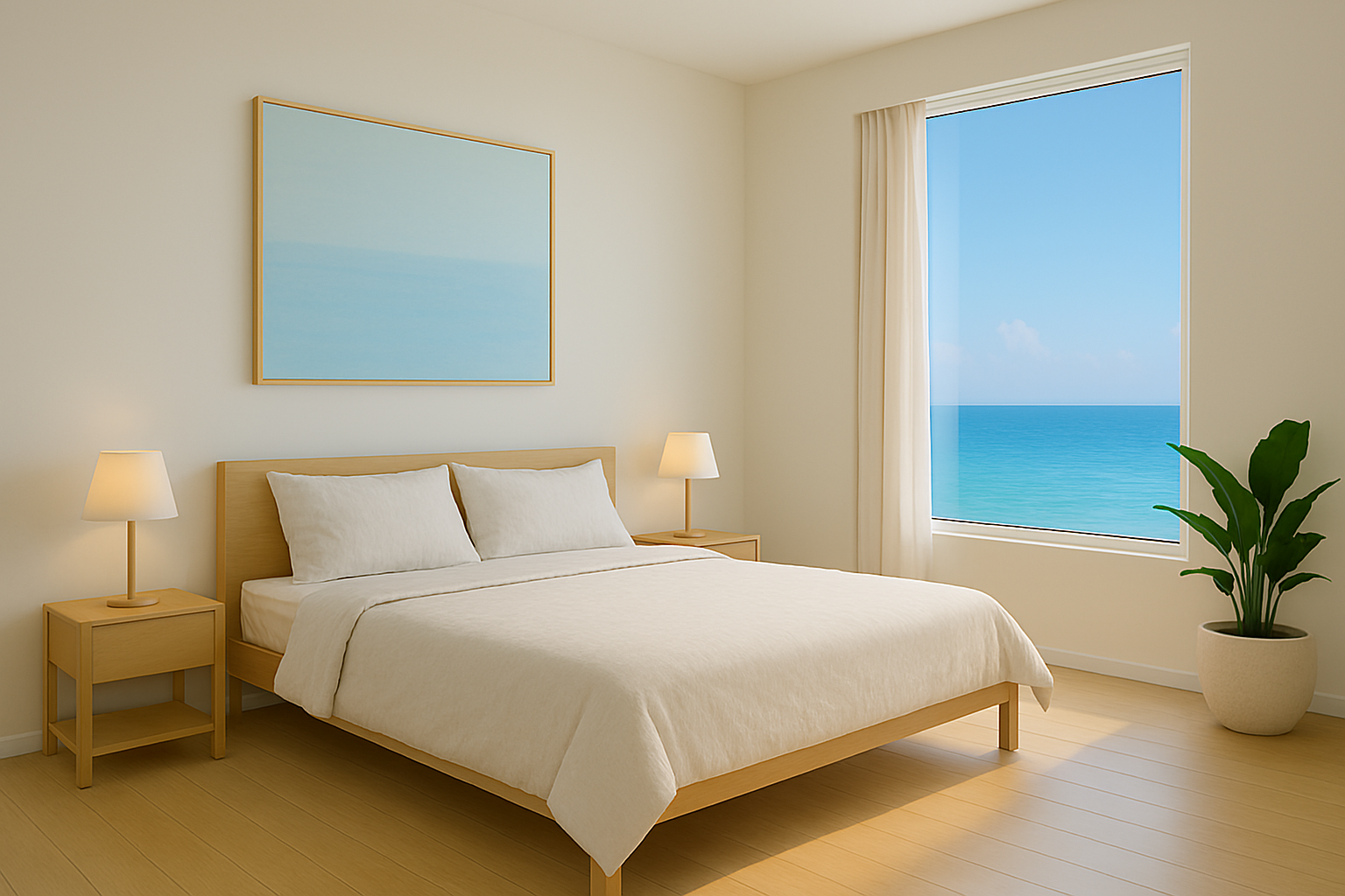 Guest bedroom with sea view and decorative cushions