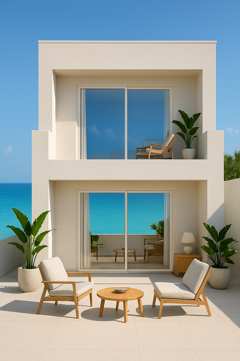 Panoramic ocean view from the apartment balcony under a clear blue sky