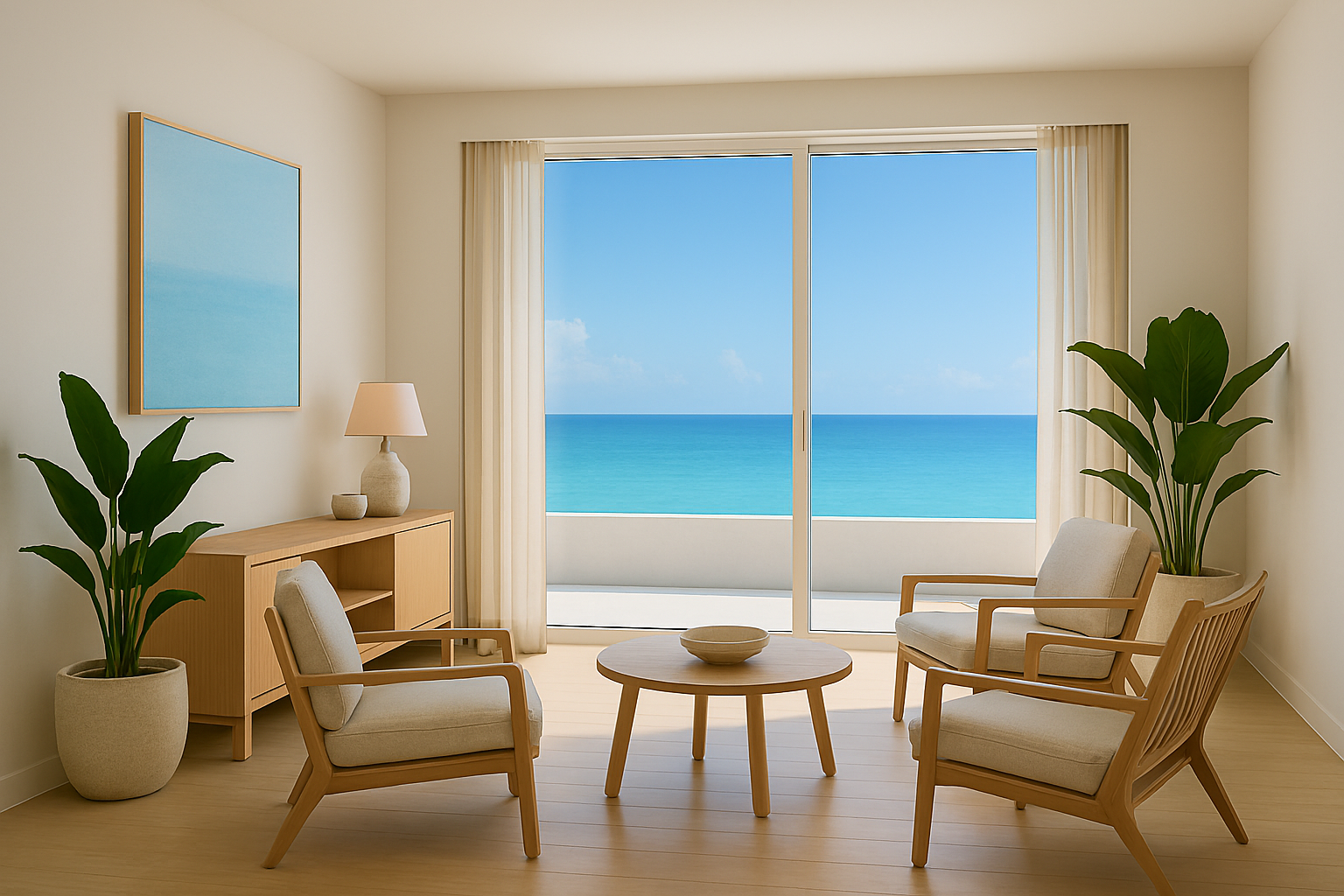 Workspace with desk, chair and large window overlooking the sea